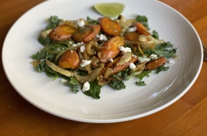 Roasted Carrot and Fennel with Caramelised Onions and Kale Salad